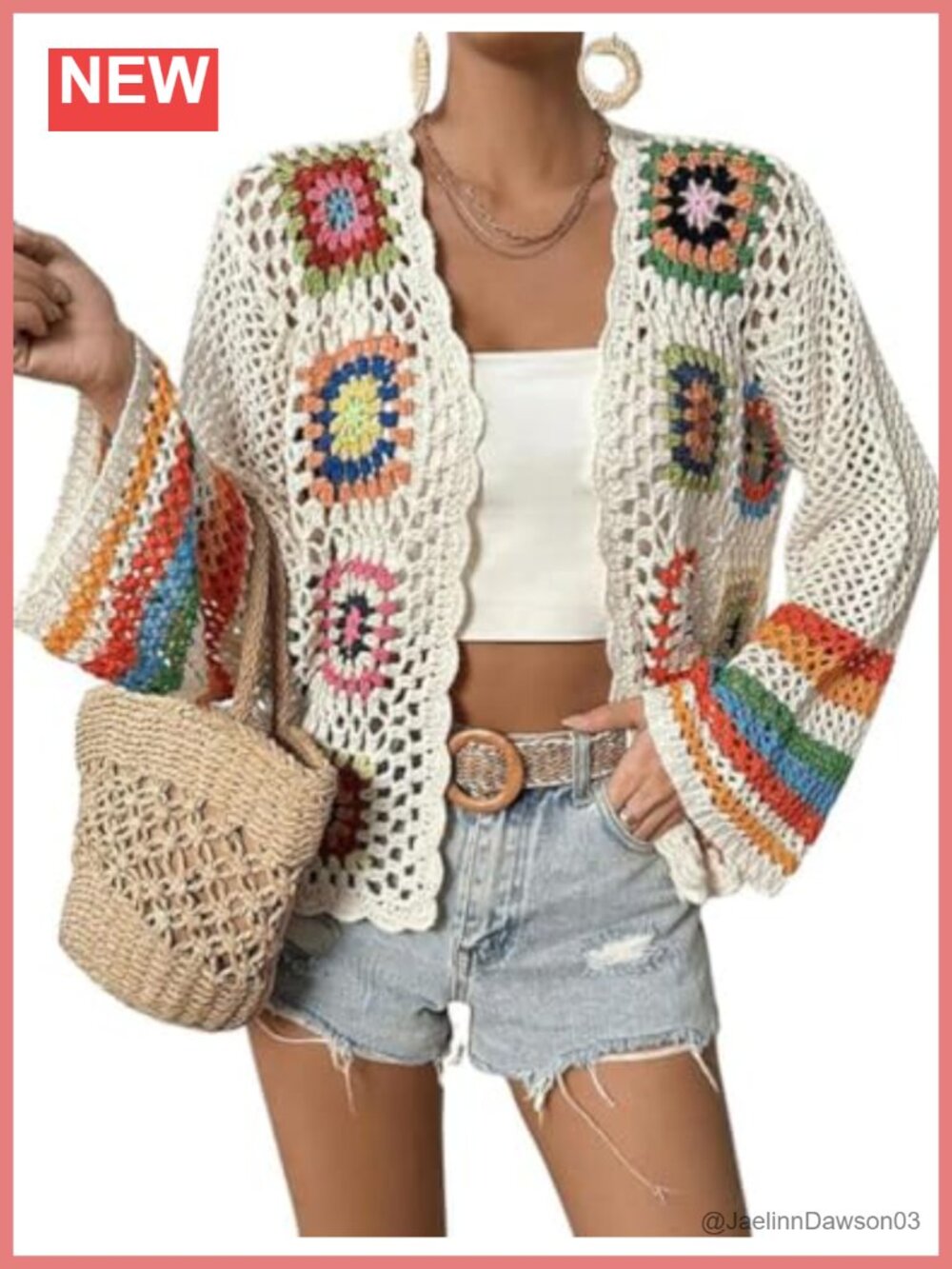 Crochet Cardigan Sweater Boho Open Front Long Sleeve